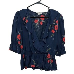 Joie‎ Floral Wrap Peplum Blouse S Navy Red Poppy Ruffle Collar Romantic